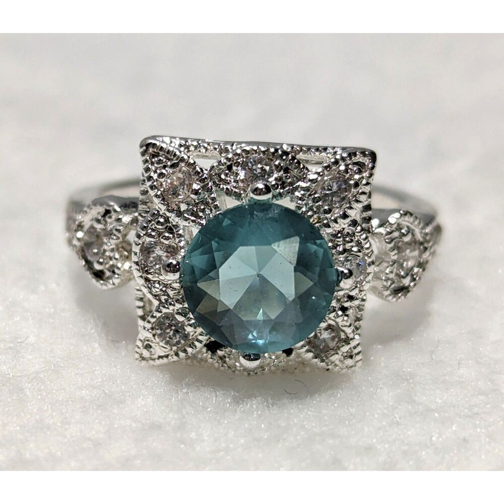 Faceted Faux Topaz Clear Rhinestone Ring Silver Tone Size 8